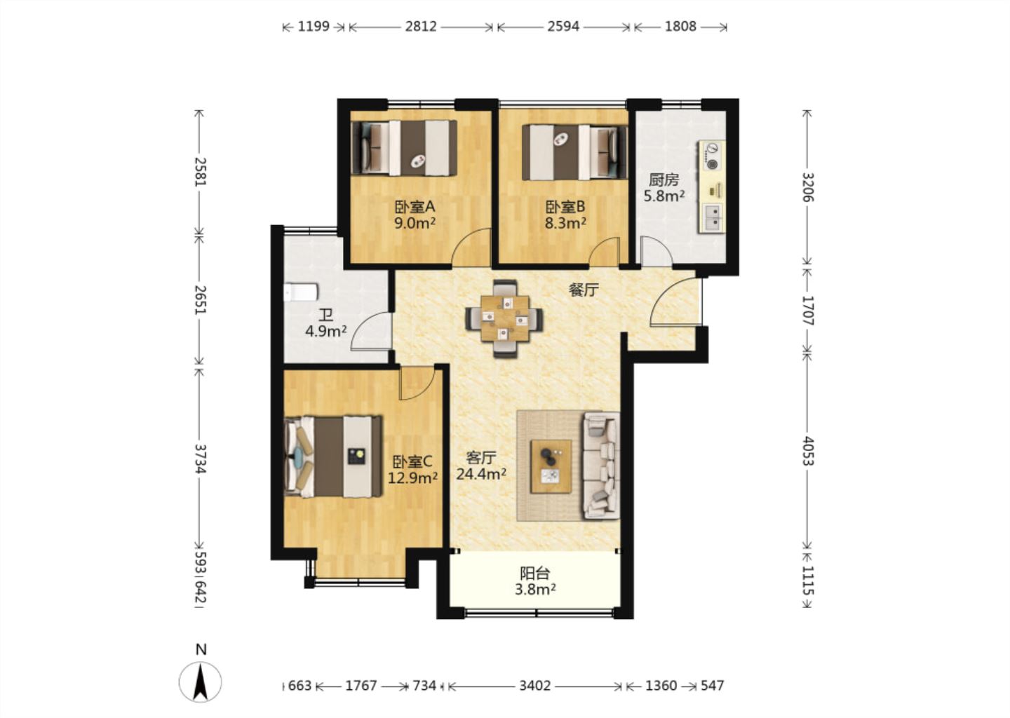 御景澜庭 3室1厅1卫 97m&sup2;