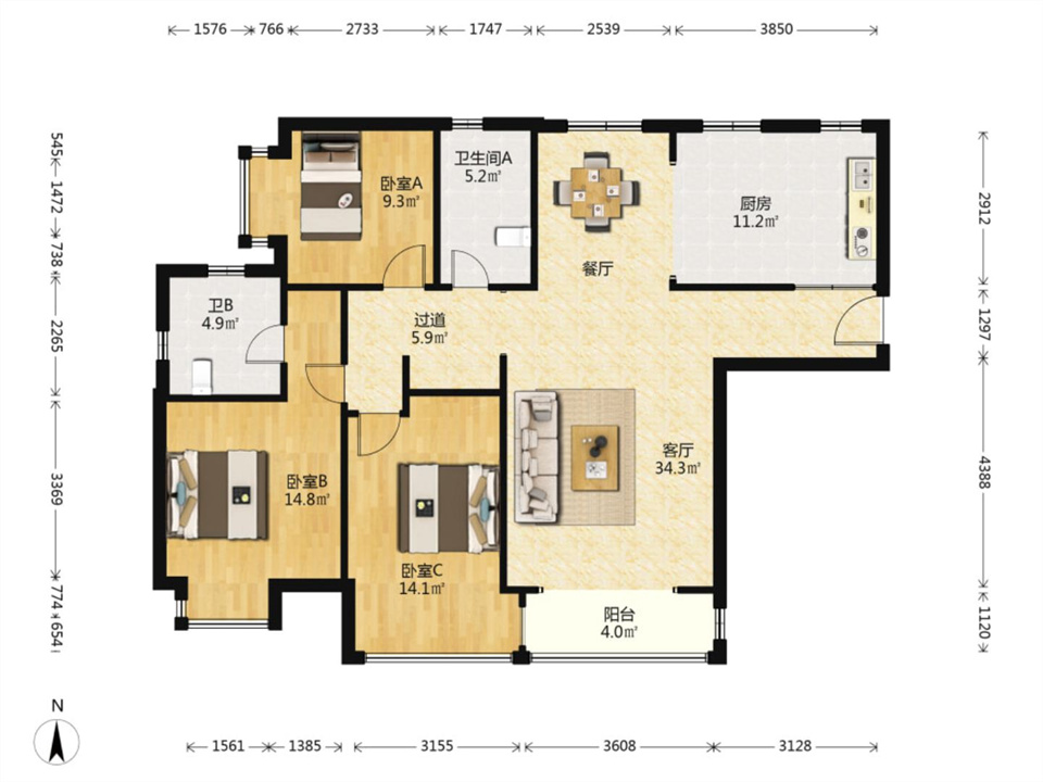 华强城二期 3室2厅2卫 130.00m&sup2;