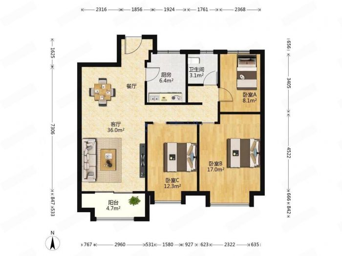 万科濠河传奇 3室2厅1卫 106m&sup2;