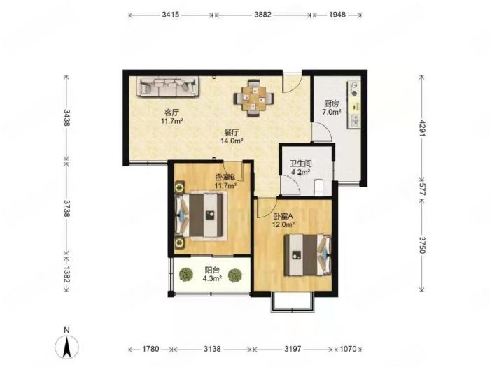 三里墩花苑二期 2室1厅1卫 87m&sup2;
