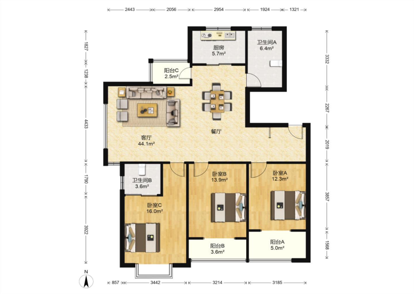 紫阳新城 3室2厅1卫 133m&sup2;