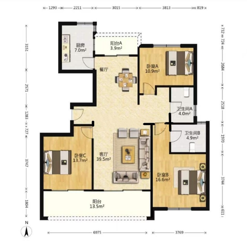 万濠世家 3室2厅2卫 140m&sup2;