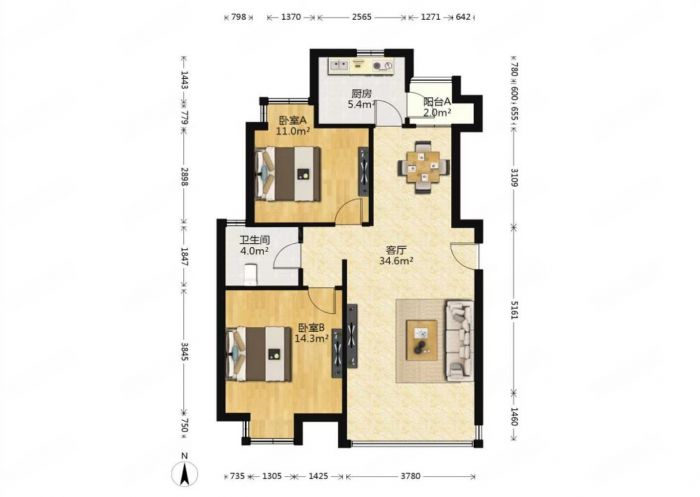 中港城 2室2厅1卫 89m&sup2;