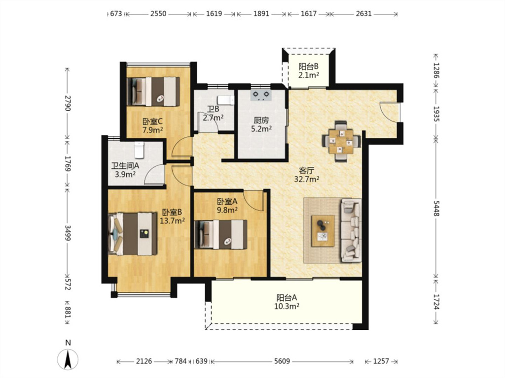 雍华府 3室2厅2卫 114m&sup2;