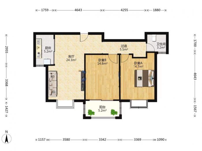 盛唐公寓 2室2厅1卫 95m²
