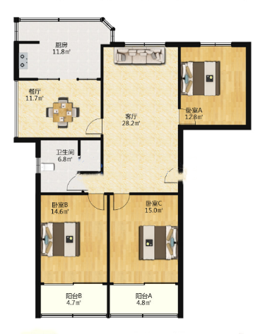 南园路18号大院 3室2厅1卫 127.11m&sup2;
