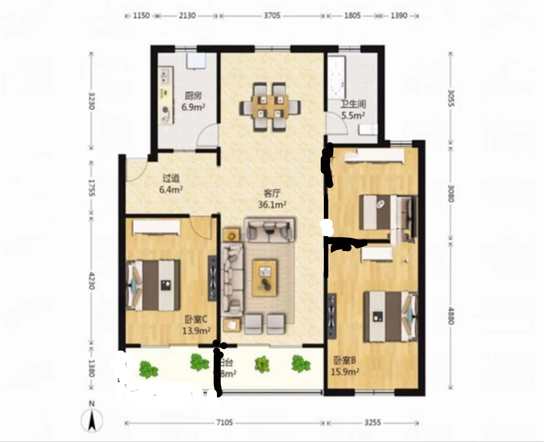 森大蒂花苑南区 3室2厅1卫 138.41m&sup2;