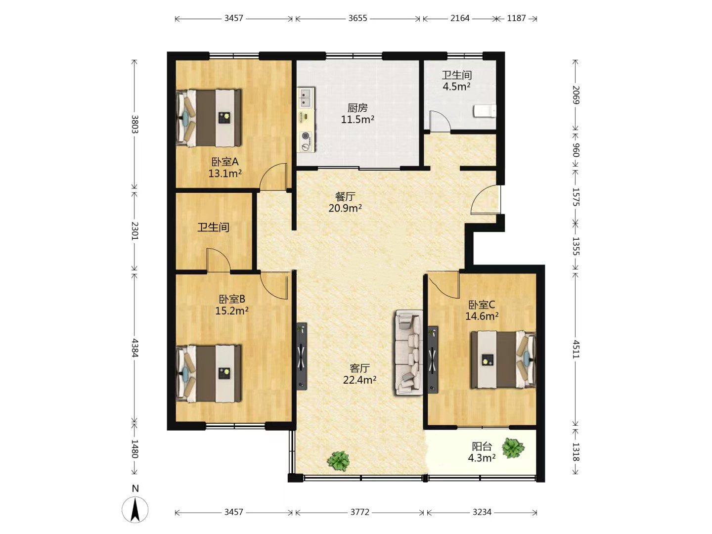 振兴花园 3室2厅1卫 127.00m&sup2;