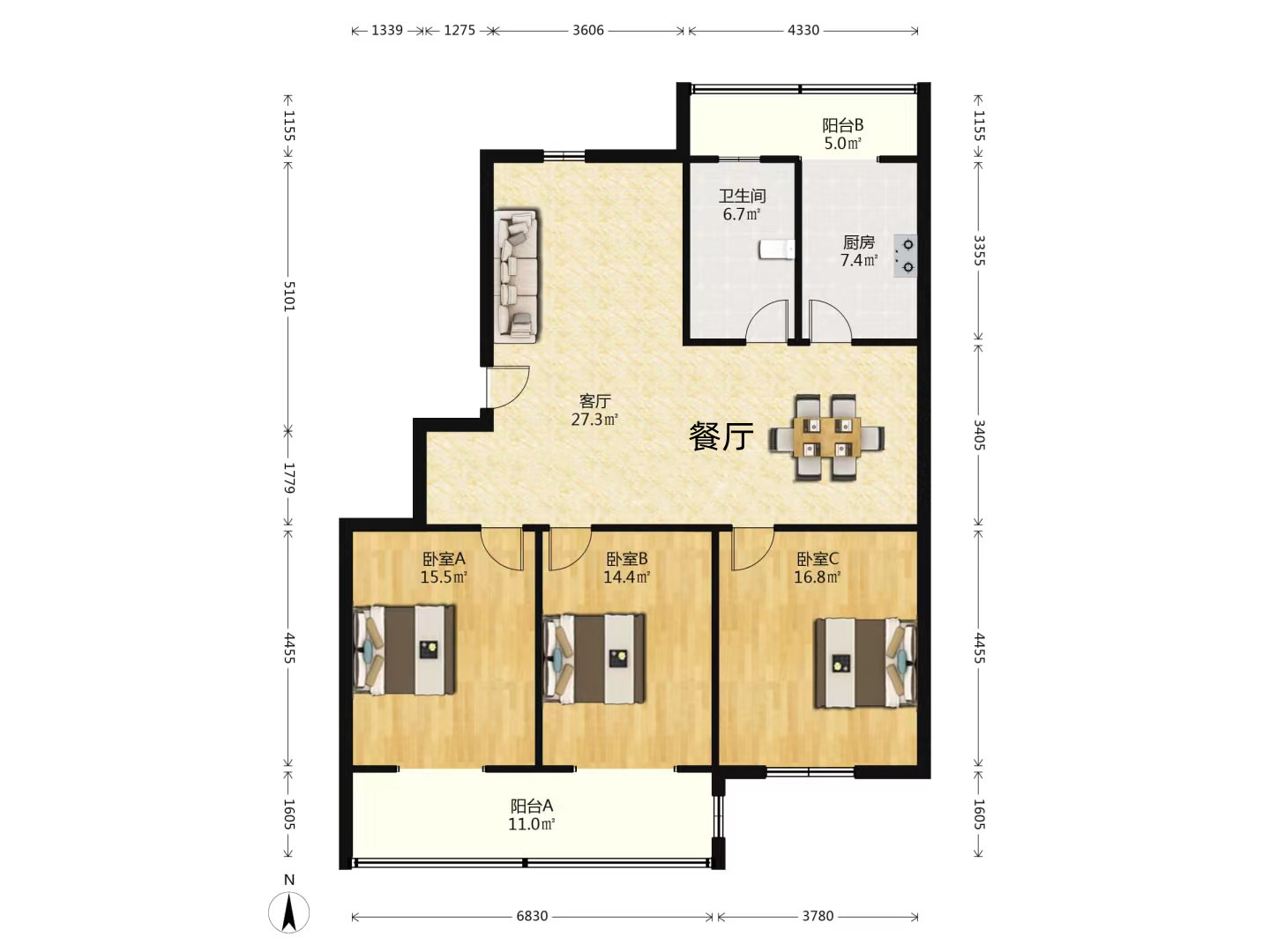 滨江花园 3室2厅1卫 125.00m²