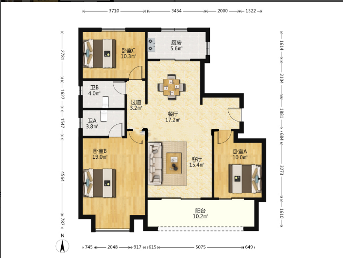 中海上东区 3室2厅2卫 128m&sup2;