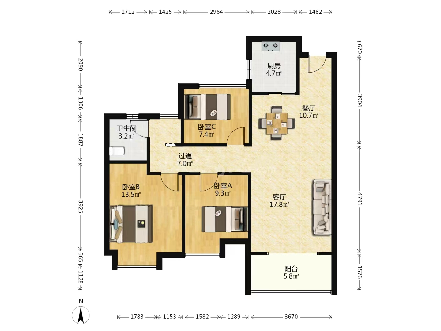 南山国际社区 3室1厅1卫 98m&sup2;