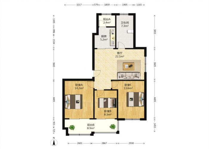 观阳名邸 2室2厅1卫 90m&sup2;
