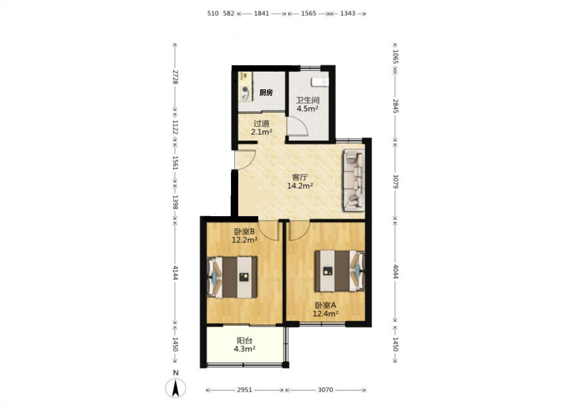 郭里园 2室1厅1卫 69m&sup2;