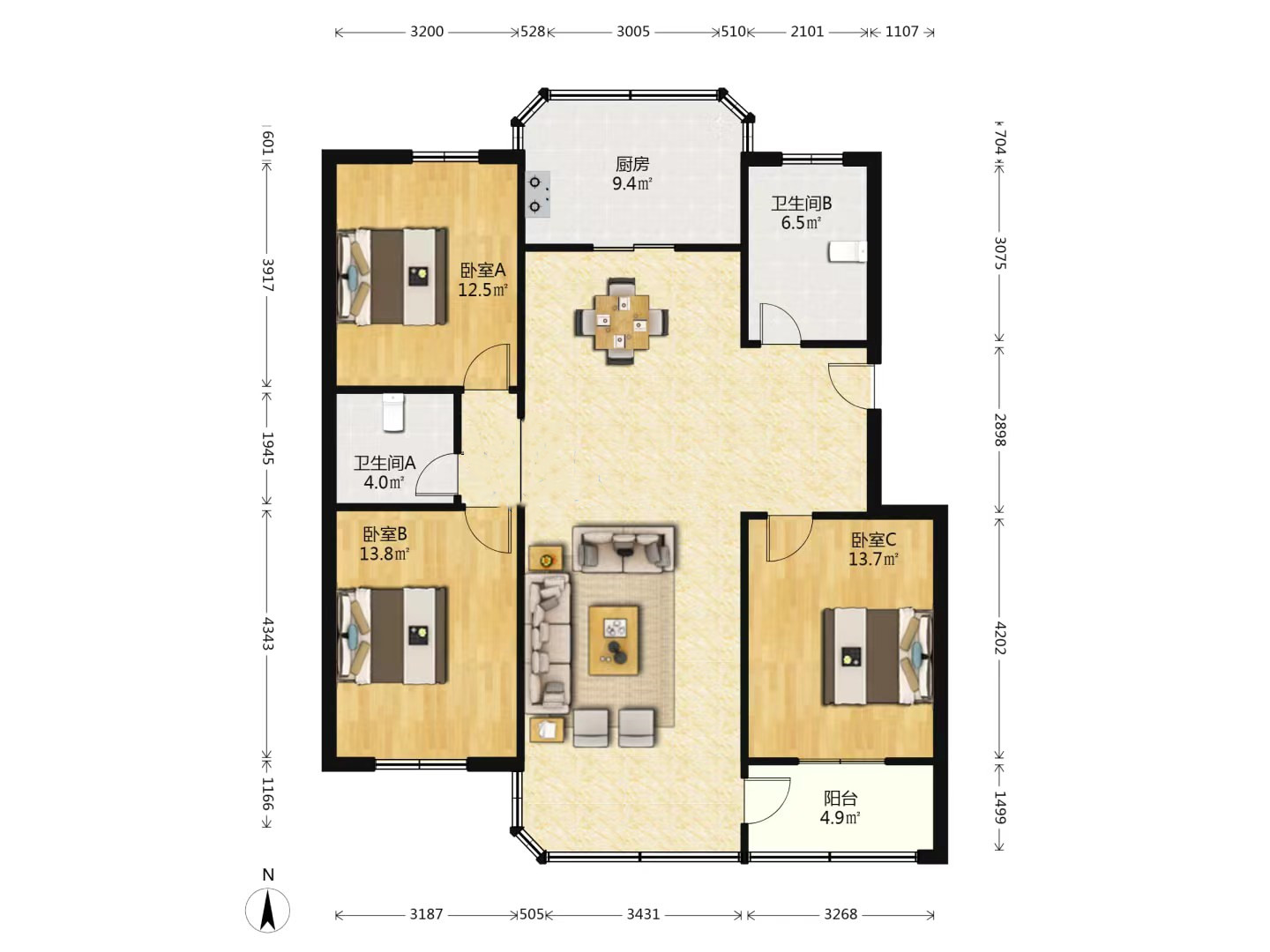 和兴花苑 3室2厅2卫 130m&sup2;