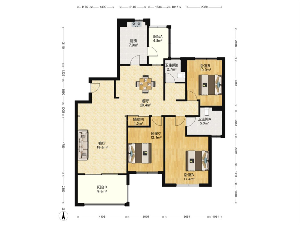 新华福里 3室2厅1卫 154m&sup2;