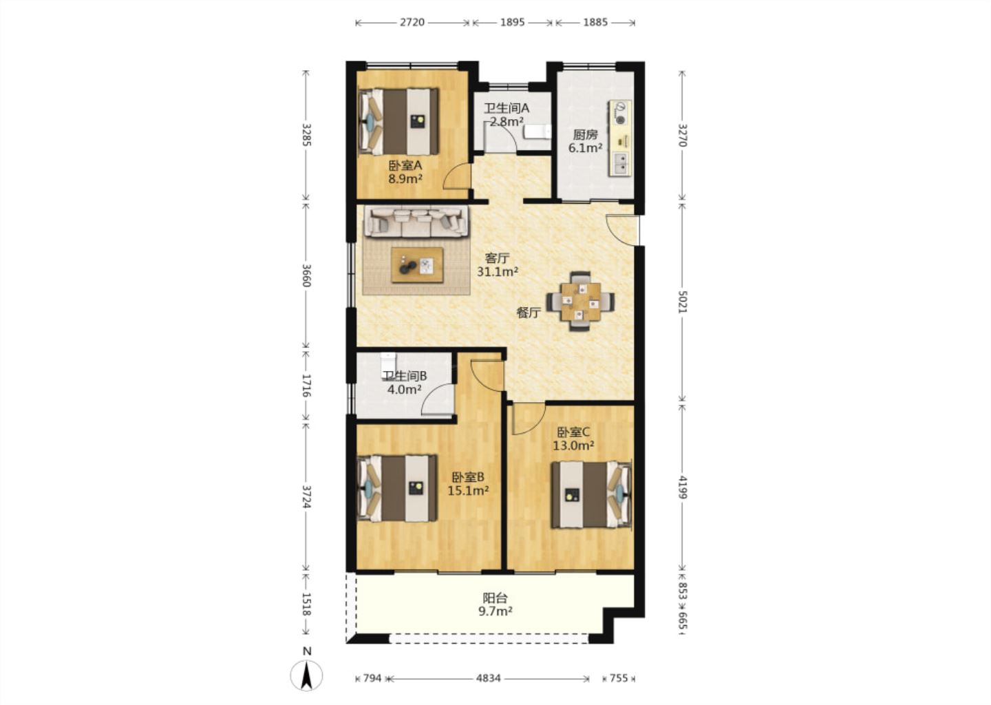 中创大都会 3室2厅2卫 114m&sup2;