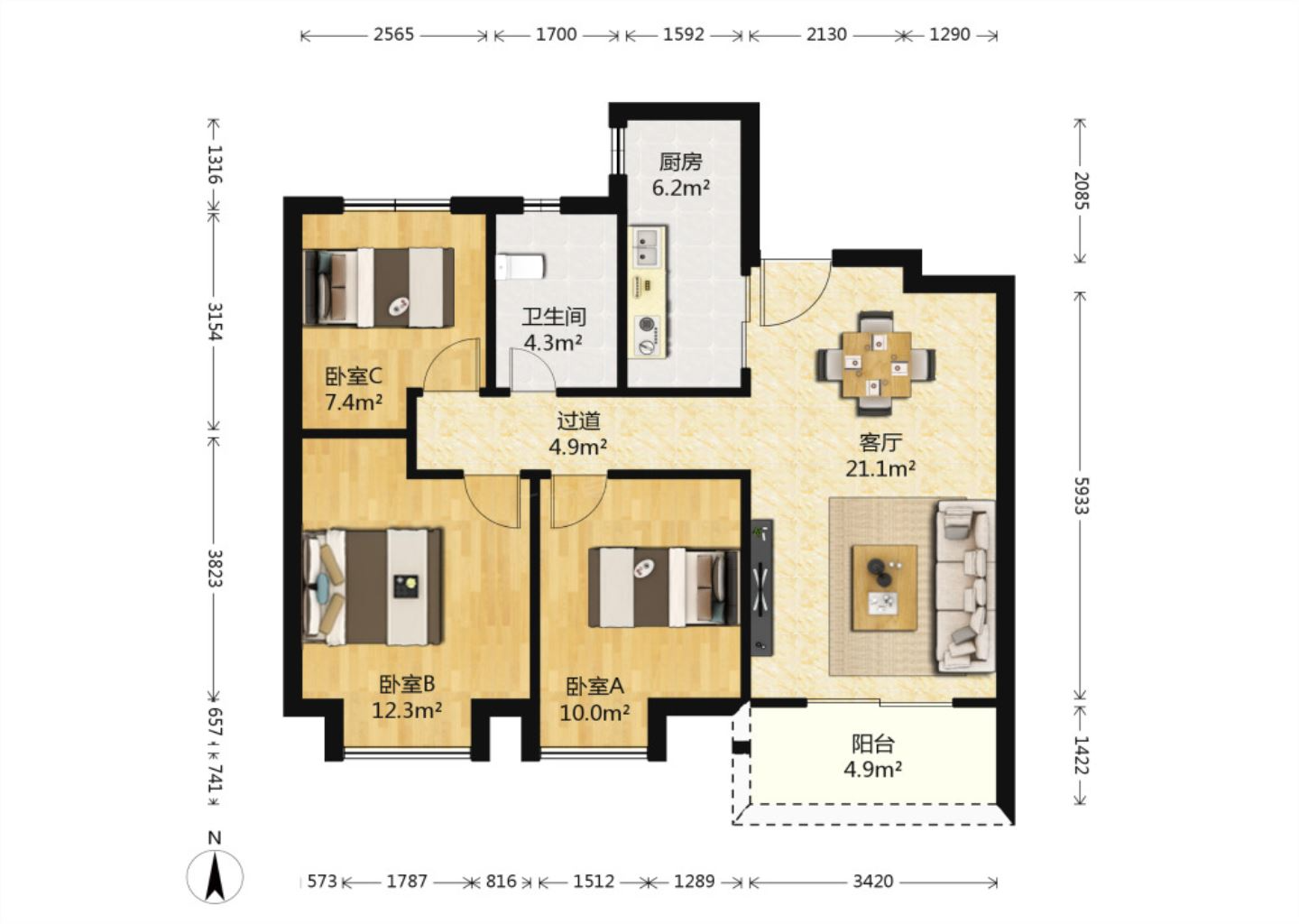 中海碧林湾 3室2厅1卫 97m&sup2;