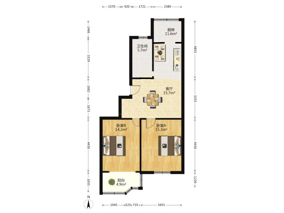 天都花苑 2室1厅1卫 89m&sup2;