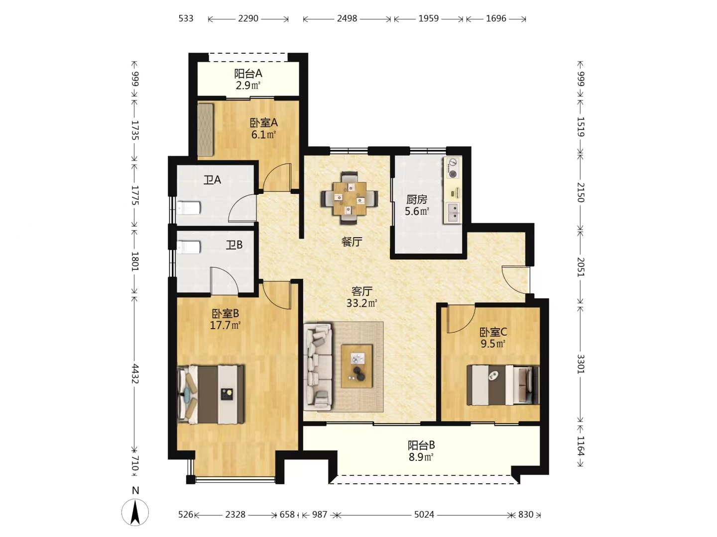世茂云锦（九龙庭广场） 3室2厅1卫 127m&sup2;