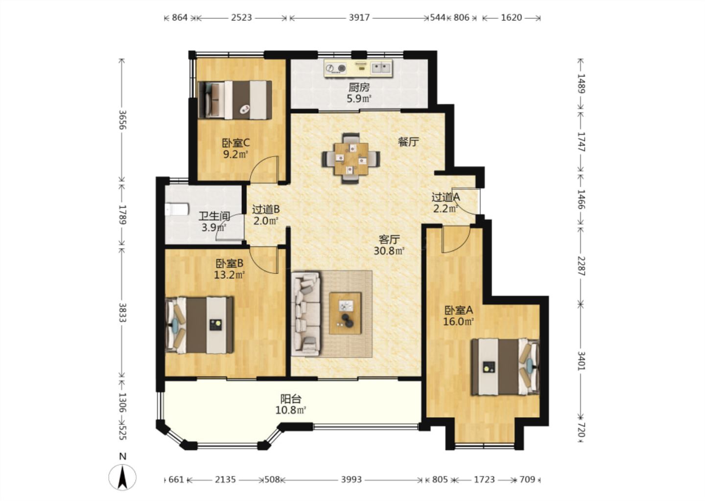 盛和九里香堤二期 3室2厅1卫 112.62m&sup2;