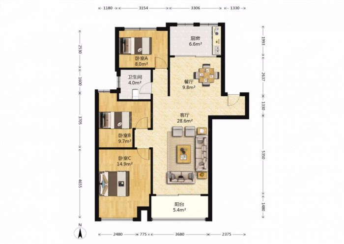 未来锦城 3室2厅2卫 115m&sup2;