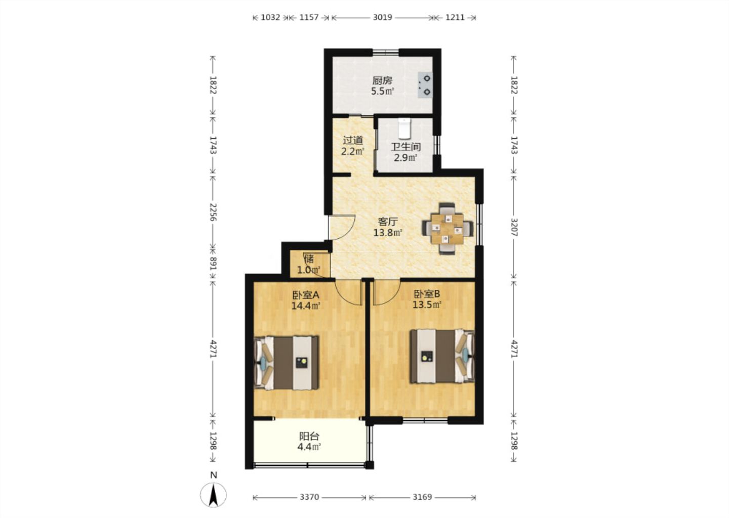 曙光社区 2室2厅1卫 74.4m&sup2;
