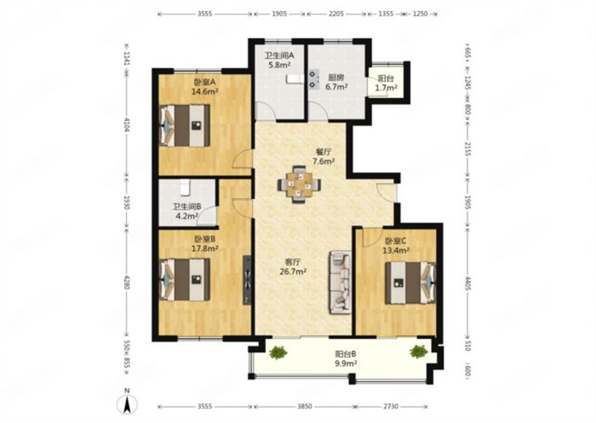 中桥名邸 3室2厅1卫 144m&sup2;