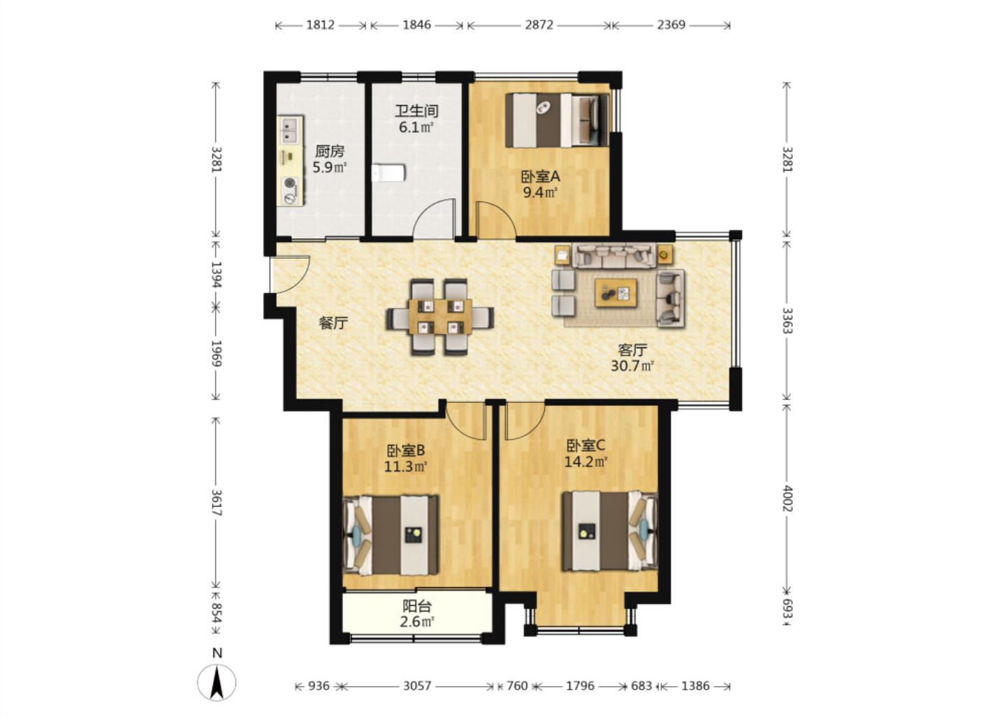 御景澜庭 3室2厅1卫 111m&sup2;