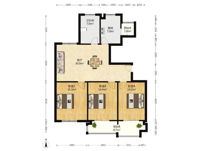 中桥名邸 3室1厅1卫 105.00m&sup2;