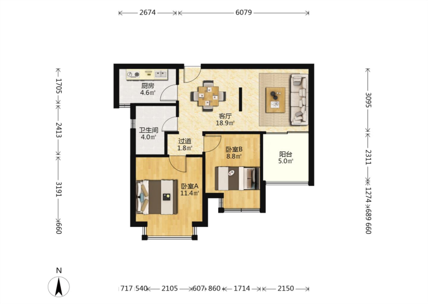 华强城 2室2厅1卫 72.9m&sup2;