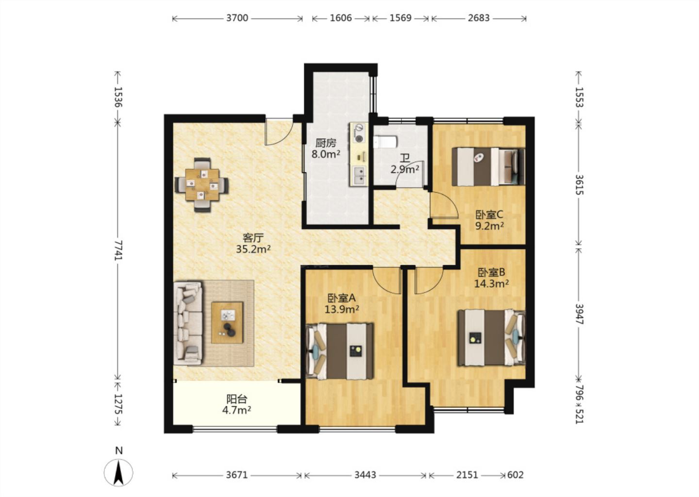 万达华府 3室2厅1卫 108m&sup2;