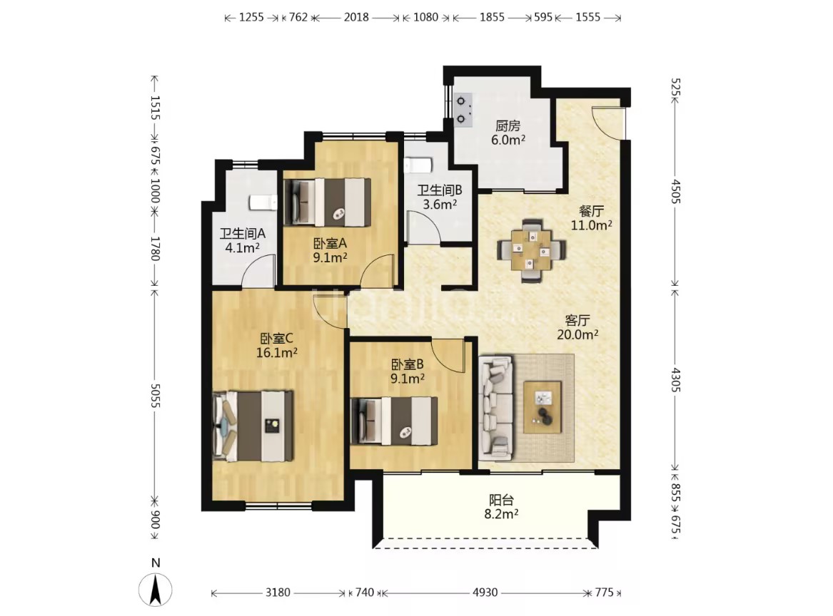 万科时代之光 3室2厅1卫 115.00m&sup2;