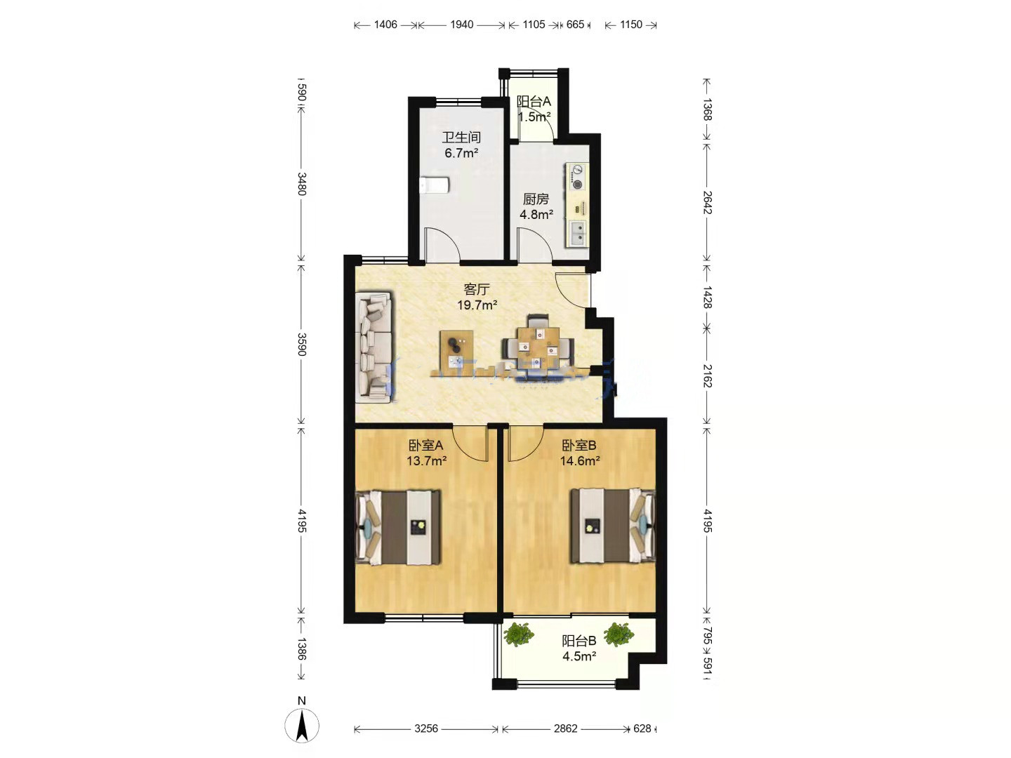 观河华府 2室2厅1卫 80.76m&sup2;