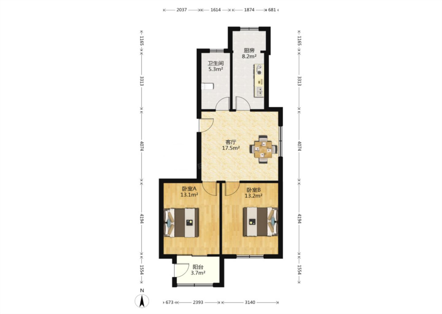 永兴福里南区 2室2厅1卫 96m&sup2;