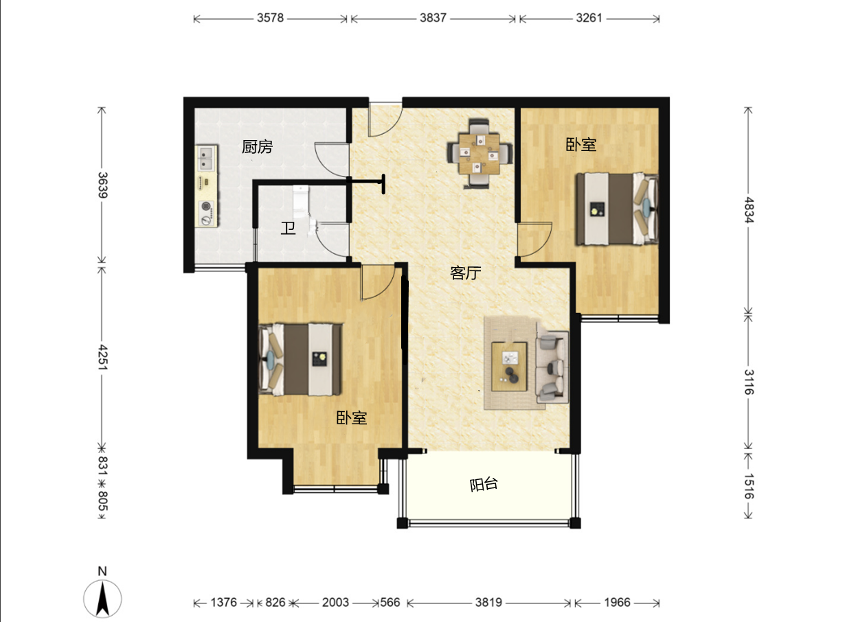 苏建学府雅居 2室2厅1卫 95.62m&sup2;