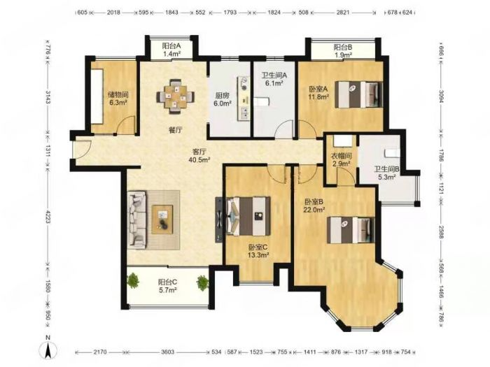 中南世纪花城一期 3室2厅2卫 155m&sup2;