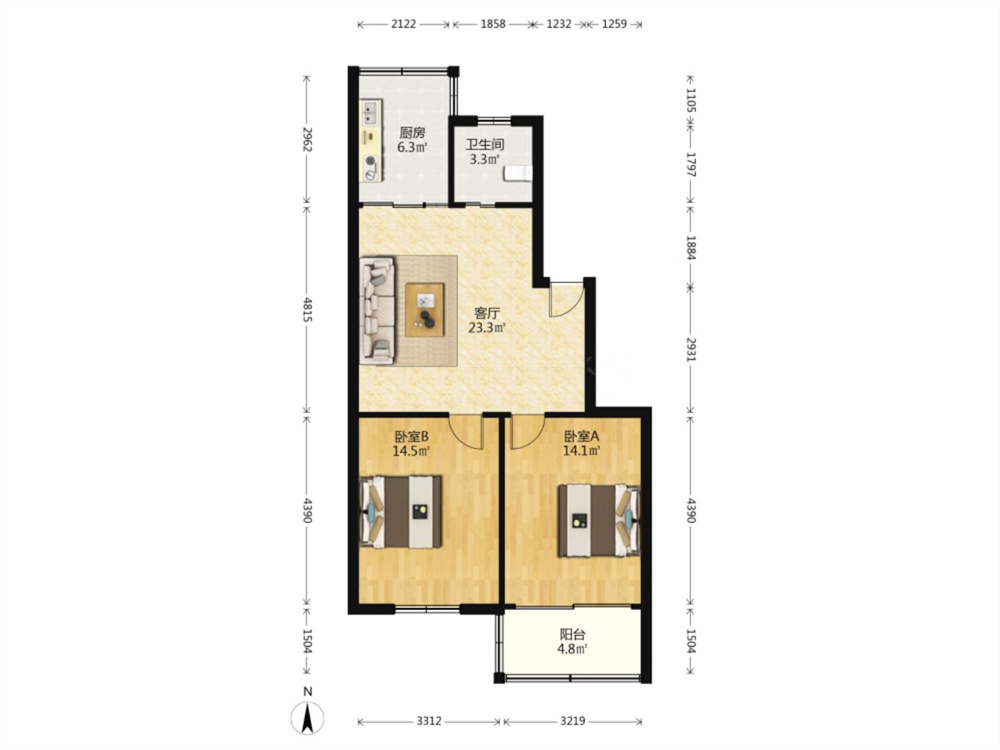 莲花苑 2室2厅1卫 78m&sup2;
