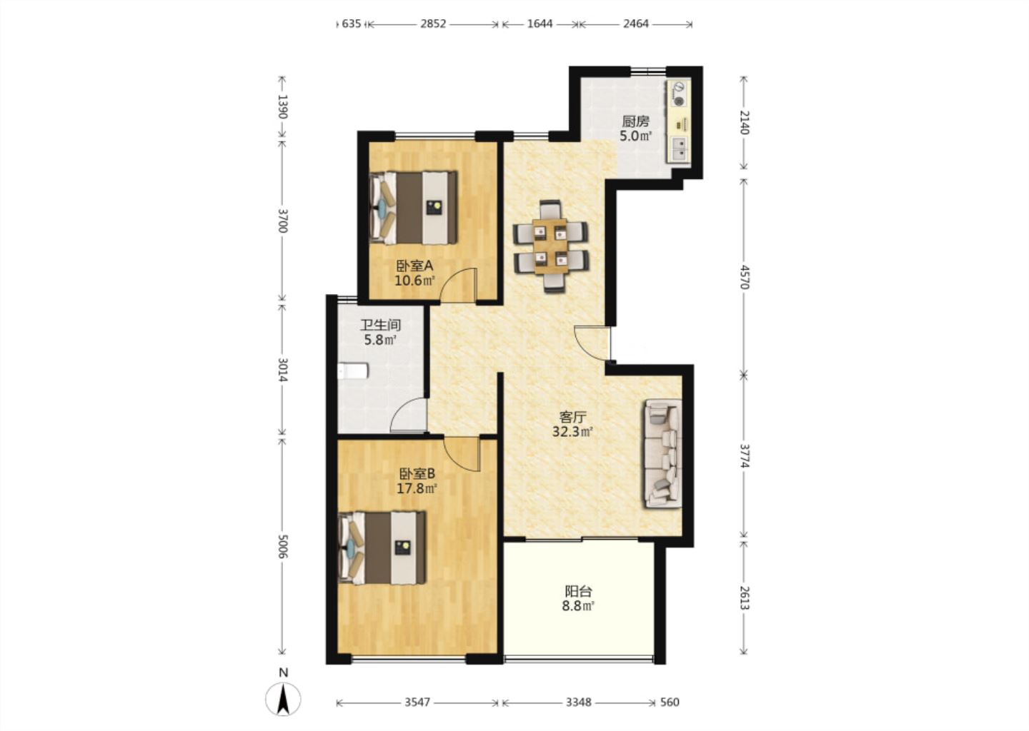 莱茵河畔 2室2厅1卫 105.65m&sup2;