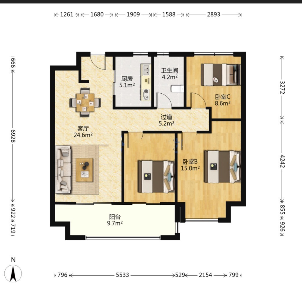 中创大都会 3室2厅1卫 90m²