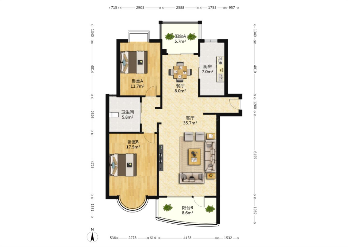 中南世纪城北区 2室2厅1卫 123.67m&sup2;