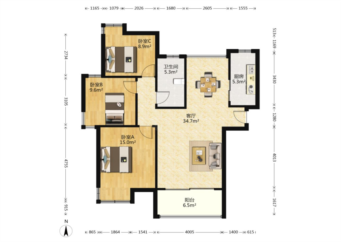 吴中豪景华庭 3室1厅1卫 112m&sup2;