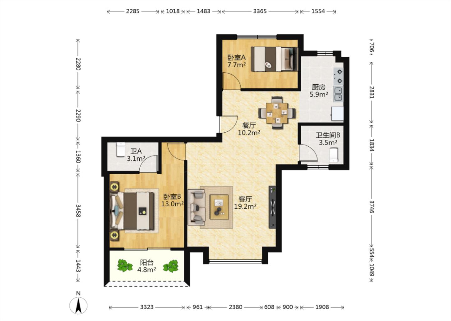 九玺台 2室2厅1卫 97.96m&sup2;