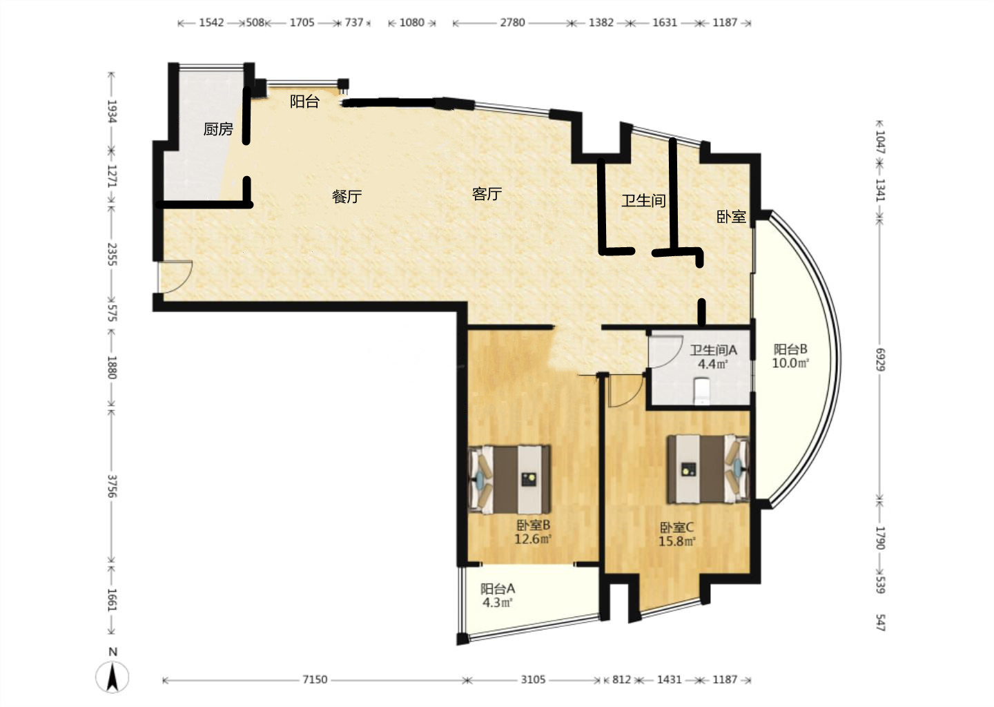 七星花园 3室2厅2卫 144m&sup2;