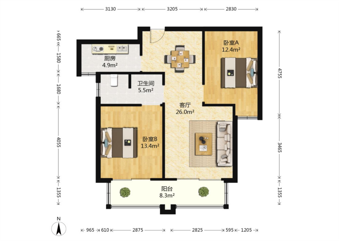 桂花小镇 2室2厅1卫 90m&sup2;