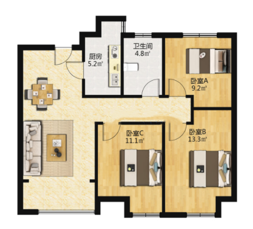 世茂公元 3室2厅1卫 89m&sup2;