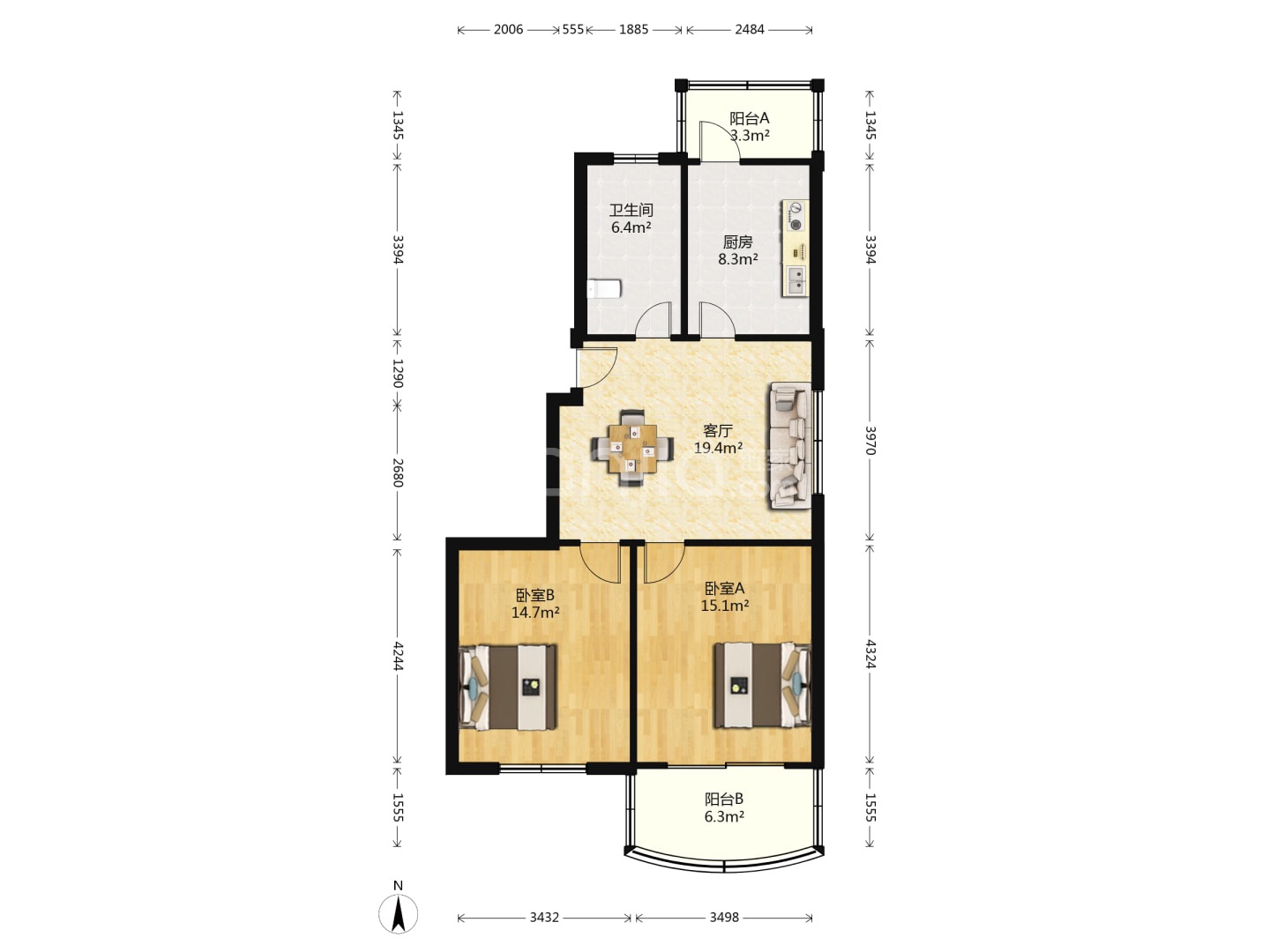 幸福怡居 2室1厅1卫 93.89m²