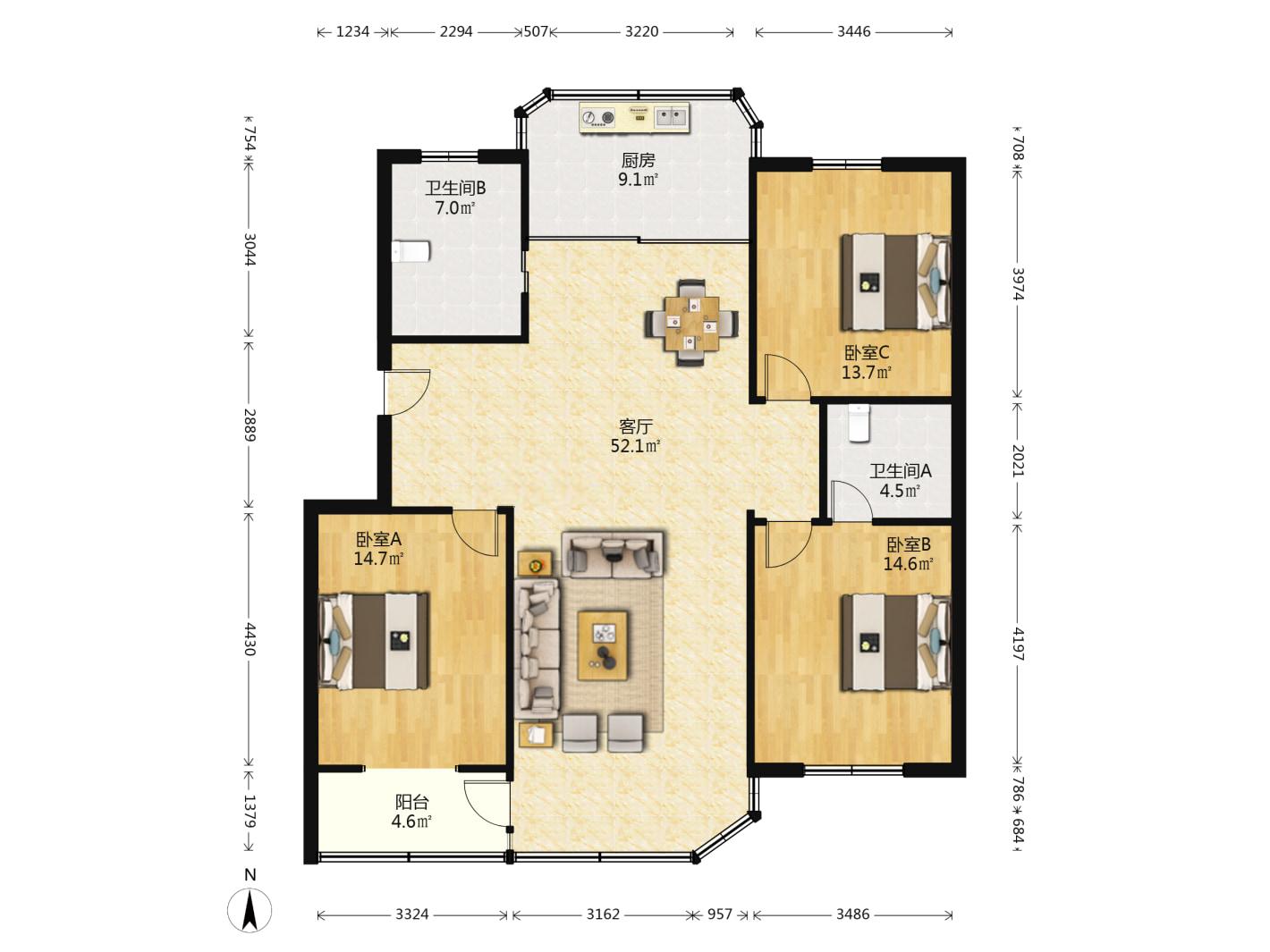 和兴花苑 3室2厅2卫 135.80m&sup2;