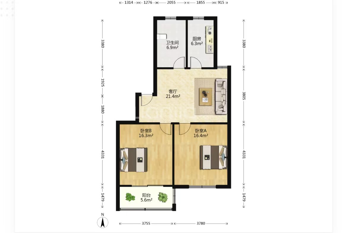 北山花苑 2室2厅1卫 80m&sup2;