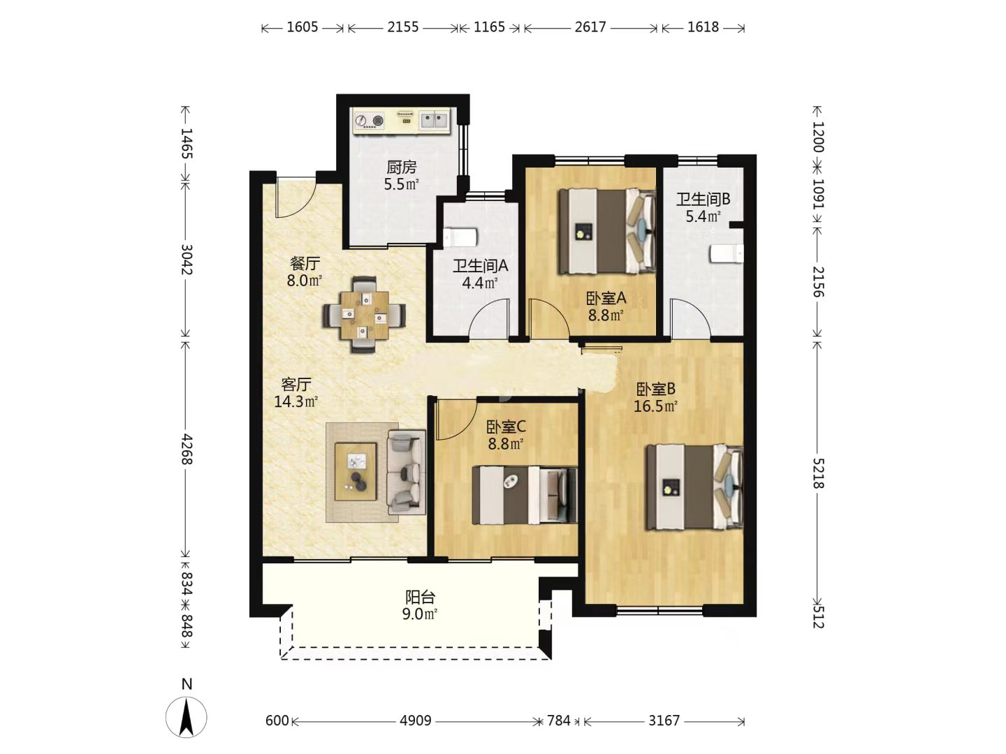 华禧铭苑 3室2厅2卫 106m&sup2;