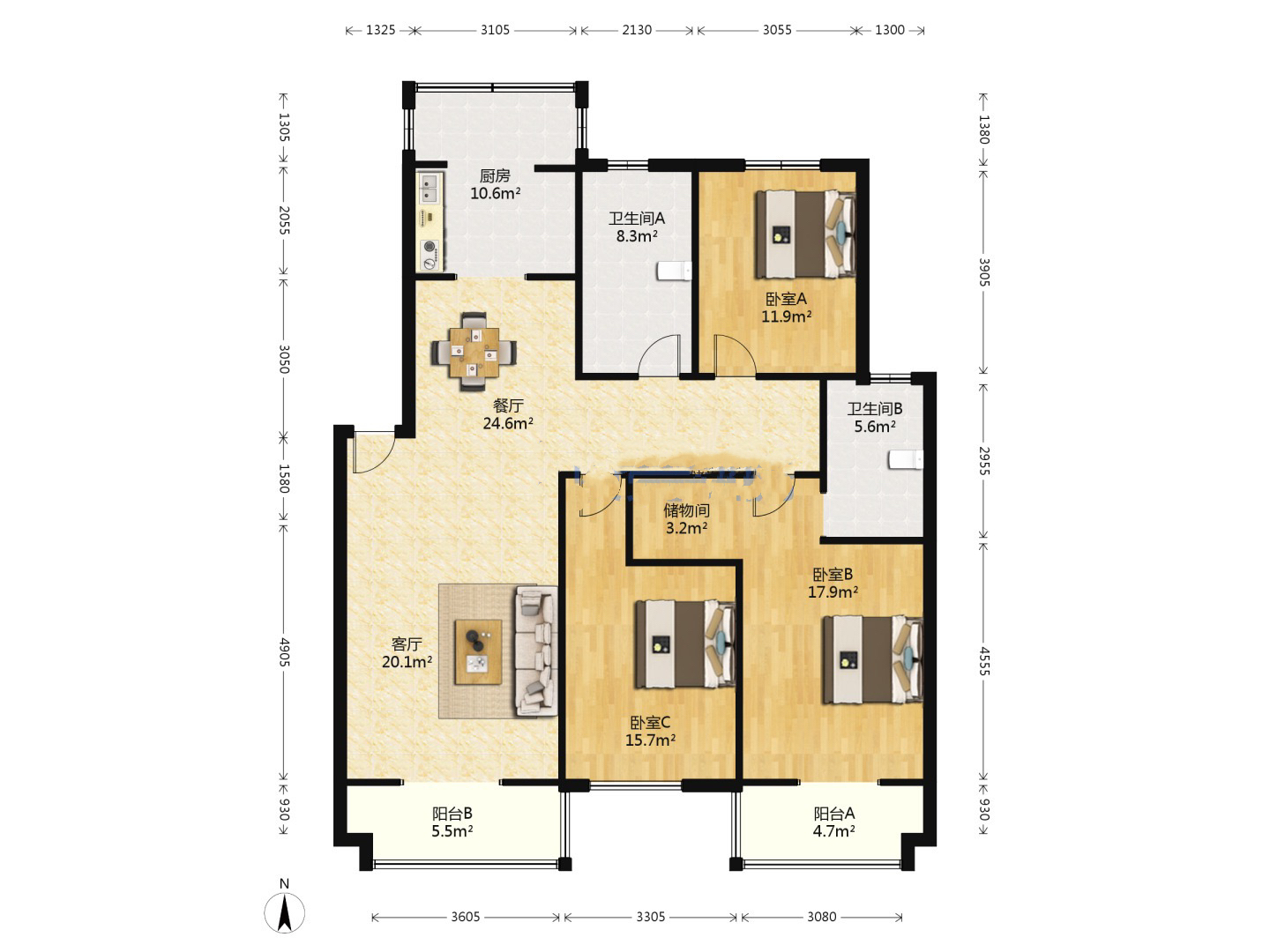 天润家园 3室1厅1卫 145m²